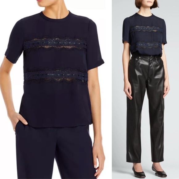 NWT REBECCA TAYLOR Lace Stripe Silk Top In Dark Navy Size XS - Picture 16 of 16